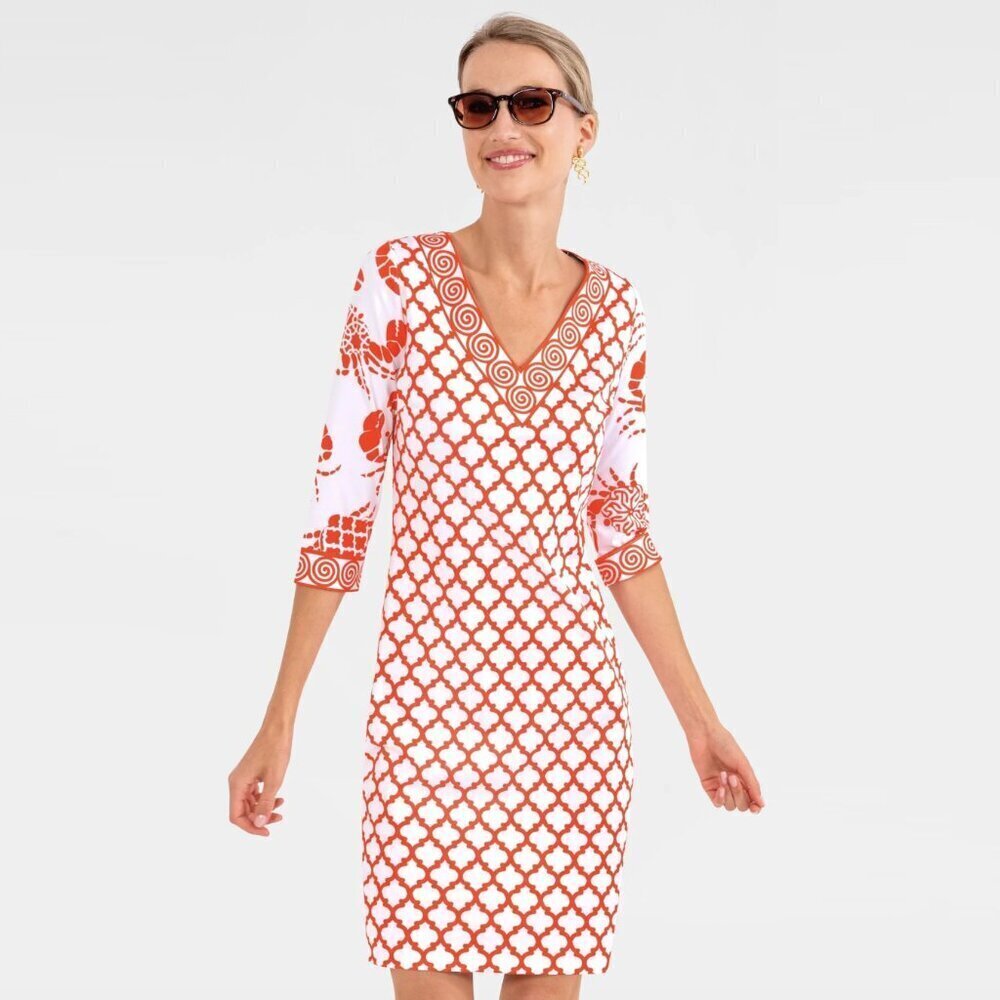 Gretchen Scott Designs Crab Soup 3/4 Sleeve V-Neck Dress in Tomato Red, size XS